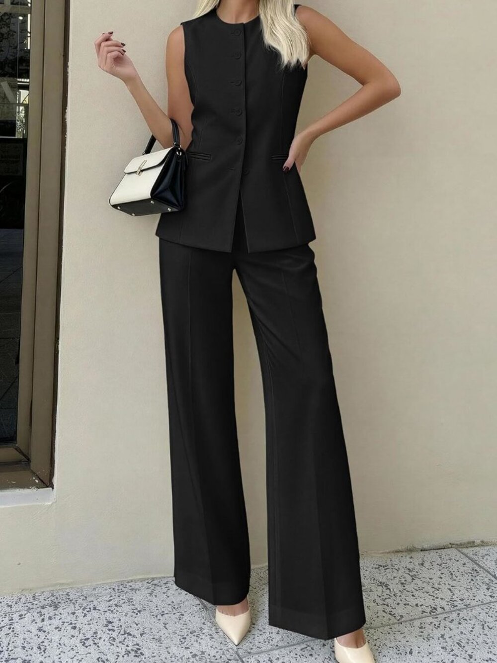 PRETTYGARDEN Vest Wide Leg Pantsuit Black S
